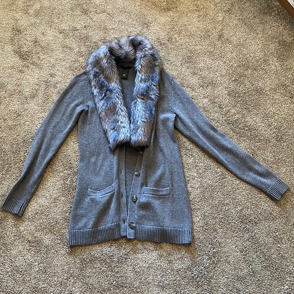 Ann Taylor Sweaters - Ann Taylor $159 Gray Fur Button Down Pockets Cardigan size XS
